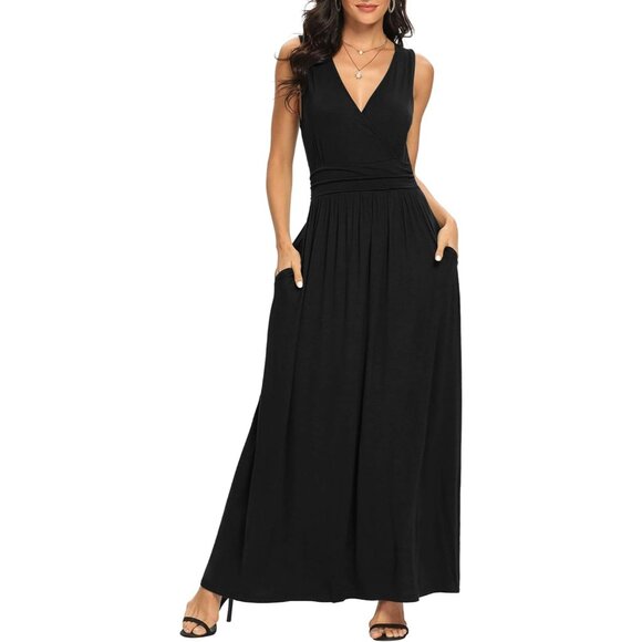 Women Black Deep V Neck Sleeveless Loose Plain Long Maxi Stretchy Casual Dress - Picture 4 of 6